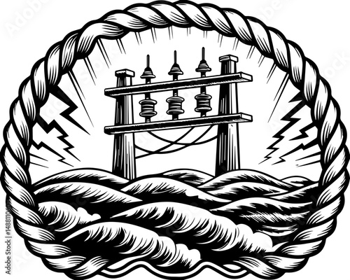 SVG showing natural disasters impacting power infrastructure and energy supply. Vintage Style Illustration of Power Lines with Lightning Strikes