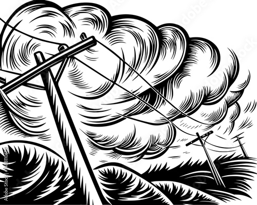 SVG showing natural disasters impacting power infrastructure and energy supply. Dramatic Clouds and Power Lines in Black and White Landscape Art