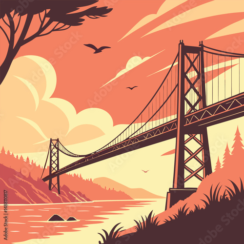 a bridge stretching into the horizon under a bright vector eps