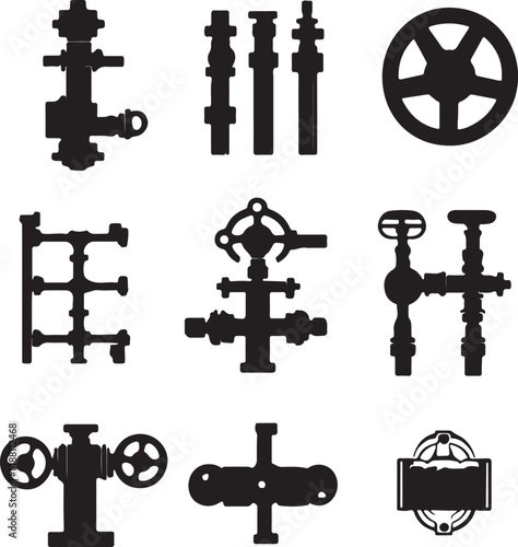 Black and White Vector Illustration of Industrial Pipeline Fittings: Valves, Flanges, and Connectors for Plumbing and Engineering Design