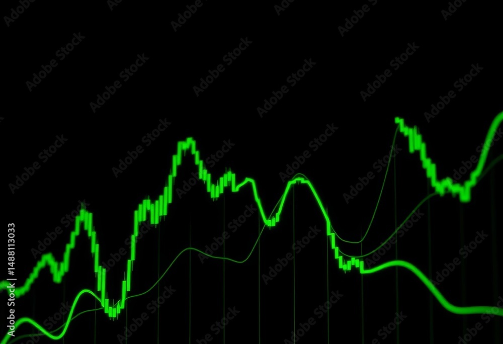 Fototapeta premium Abstract green lines charting stock market trends on a dark background, future, success