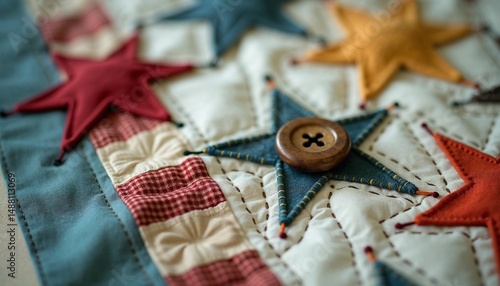 Colorful quilt with stitched stars and wooden button detail  