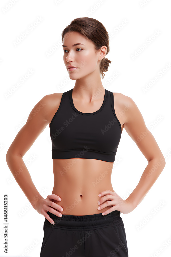 Woman's Midsection in Black Sportswear Isolated On White Background. Woman in Sportswear Showing Abdominal Muscles Woman's Midsection in Black Sportswear Isolated On White Background. Woman in Sportswear Showing Abdominal Muscles