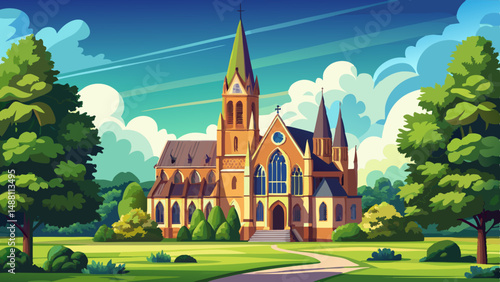 very Beautiful St. Alban's Church stands majestically, displaying its intricate Gothic Revival stone architecture and tall spire, surrounded by lush green trees and lawn in Churchillparken, Copenhagen