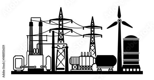 Black illustration of electric infrastructure with power poles, wires, and substation. Concept of electricity transmission and distribution