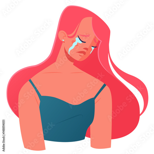 Beautiful but very sad girl quietly cries with abundant tears. Her whole body reflects sadness, her shoulders are lowered, her head is bowed. Concept of grief, depressive states powerlessness