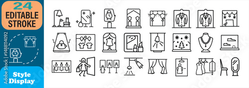 Modern style display icons editable stroke showcasing fashion and retail elements