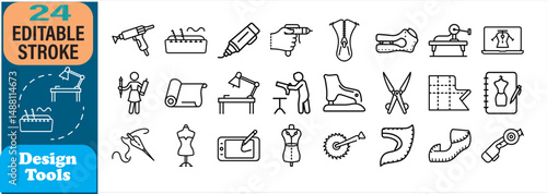 Set of twenty-four design tools for sewing and fashion design simple black and white icons