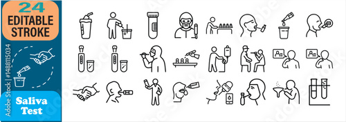 Vector icon set illustrating procedures and processes involved in saliva testing and diagnostics