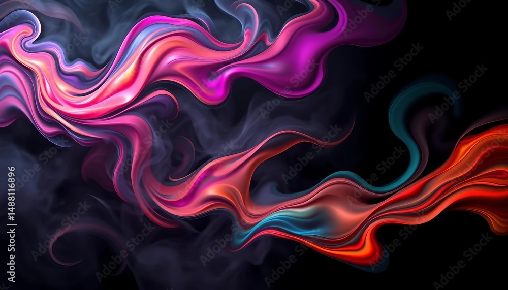 Obraz premium Abstract fluid forms, vibrant colors swirling in smoky retro-futuristic black void, futuristic, art