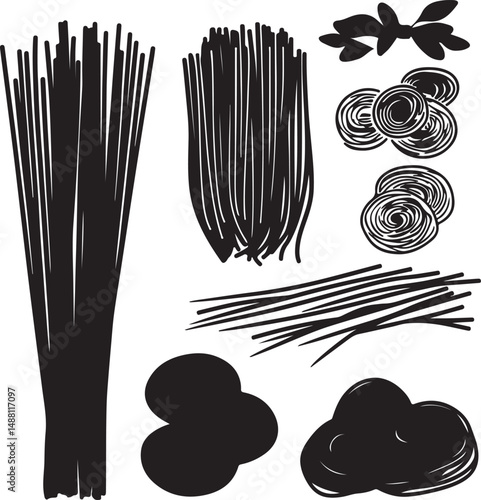 Black and White Vector Illustration of Various Pasta Shapes: Spaghetti, Linguine, Rotini, Farfalle, and Gnocchi for Culinary Designs
