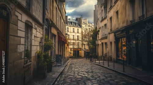 Fototapeta Naklejka Na Ścianę i Meble -  Parisian charm captured on a cobblestone street under a cloudy sky at dusk