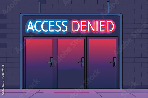 A heavy metal door slams shut, illuminated by vibrant "ACCESS DENIED" neon lights.  Gritty, cinematic feel.