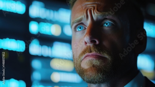 A Man's Intense Gaze at a Data Screen