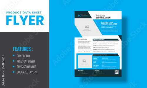 Wooden Table Product Data Sheet Flyer for Furniture Specifications and Marketing