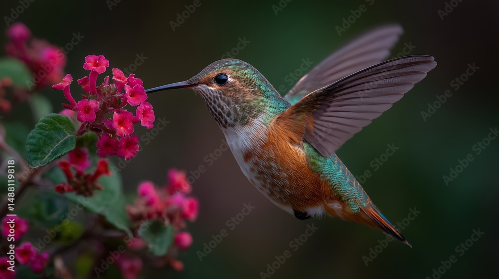 Naklejka premium Hummingbird drinking nectar from a pink flower.