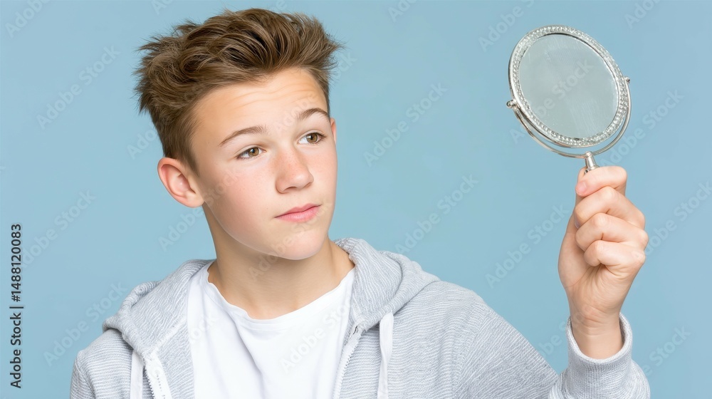 A young teenager looking thoughtfully into a handheld mirror, reflecting a moment of self-discovery and mindfulness, set against a soft blue background that enhances the scene. A young teenager looking thoughtfully into a handheld mirror, reflecting a moment of self-discovery and mindfulness, set against a soft blue background that enhances the scene.
