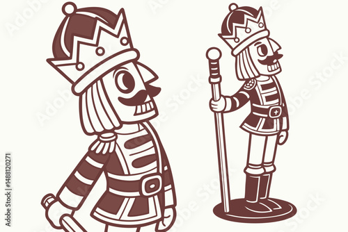 143 nutcracker soldier, toy soldier, tin soldier, holiday decor, christmas ornament, wood carved toy, traditional nutcracker, military uniform, crown, scepter, standing pose, digital art, digital illu