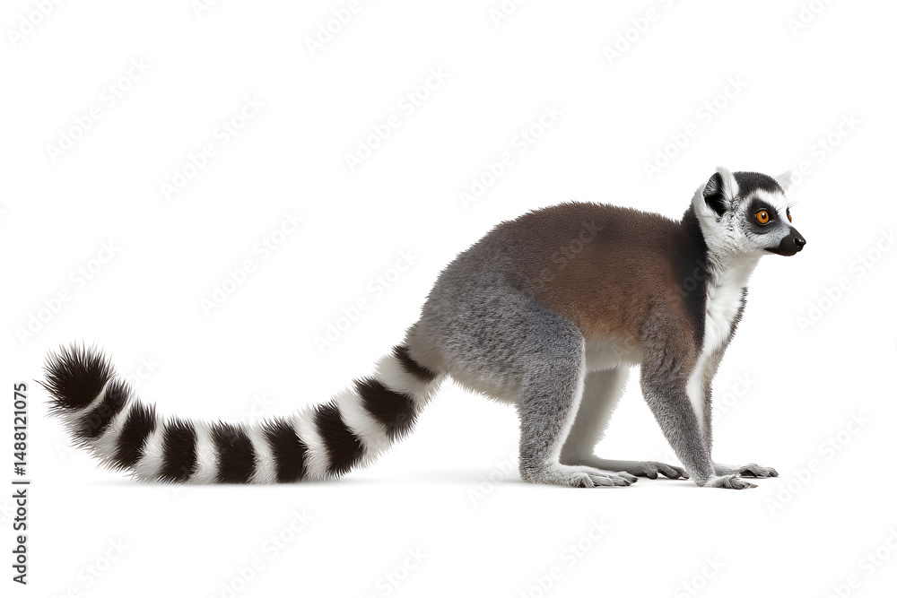 Fototapeta premium Full Body Portrait of a Ring Tailed Lemur Isolated On White Background