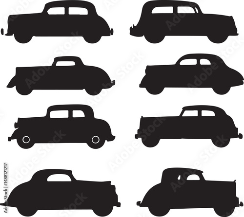 Vintage Car Silhouettes: Classic Automobile Vector Graphics for Retro Design Projects, Transportation Illustrations, and Automotive History Resources