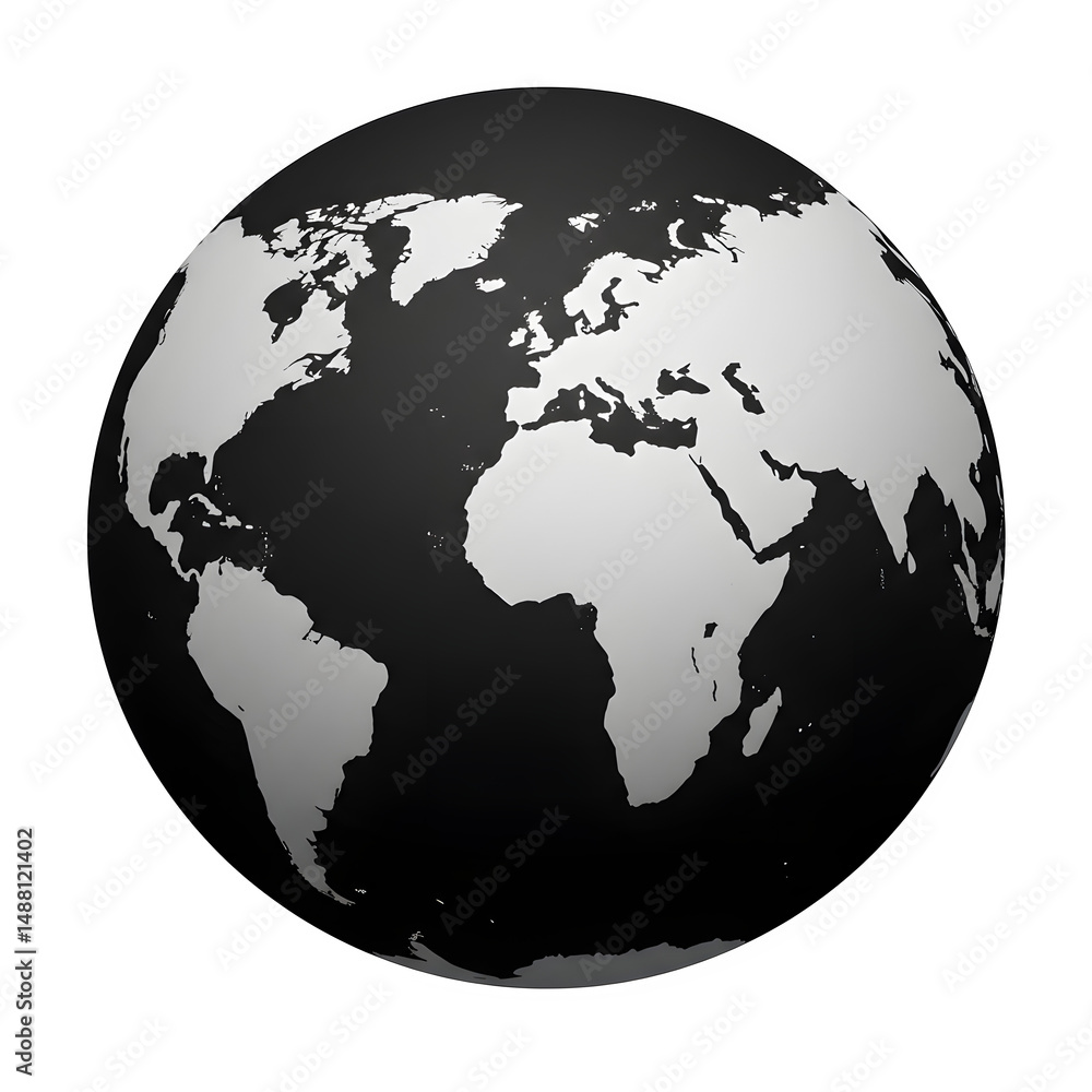 Obraz premium Minimalist black and white globe showing Africa, Europe, and the Americas, symbolizing global unity, geography, and modern design on a dark background. isolated on white or transparent background. PNG