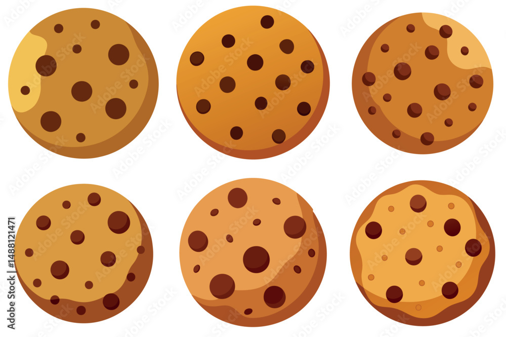 Cartoon image of six chocolate chip cookies arranged in two rows Cartoon image of six chocolate chip cookies arranged in two rows