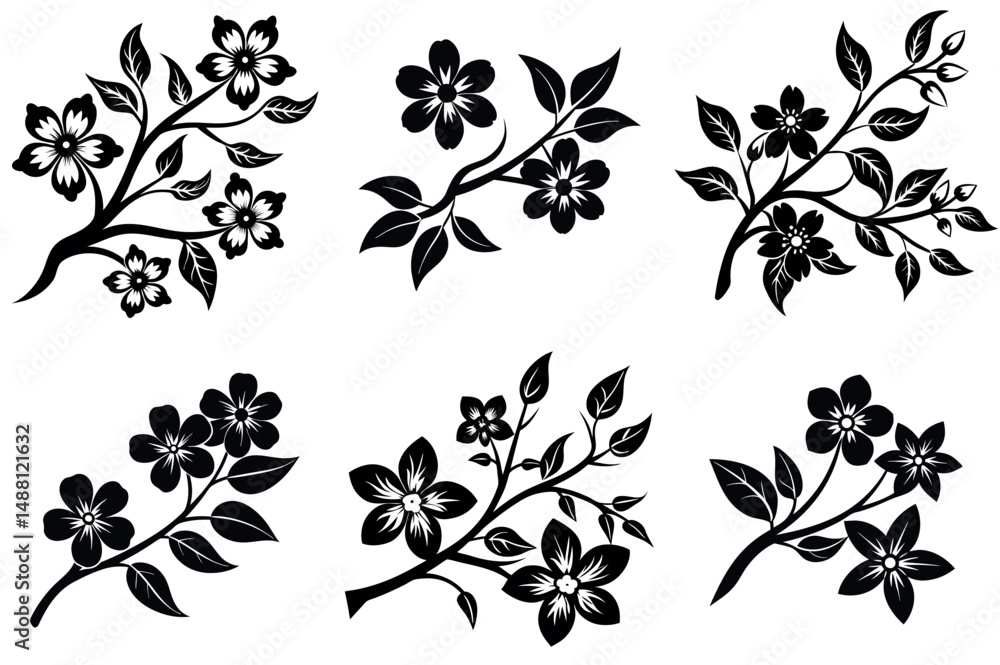 Collection of Simple Black and White Floral Branches and Flowers for Design Collection of Simple Black and White Floral Branches and Flowers for Design