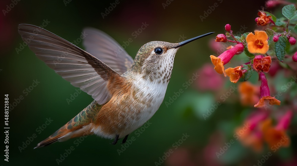 Fototapeta premium Hummingbird sips nectar from vibrant orange flower