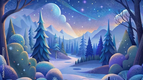 A dreamy winter forest scene under a star-filled sky with snow-covered trees and rolling hills.