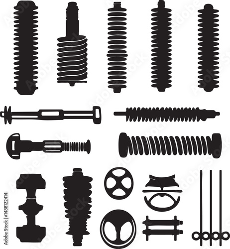 Black Silhouette Vector Illustration of Automotive Suspension Parts: Shock Absorbers, Springs, and Components for Car Mechanics and Repair