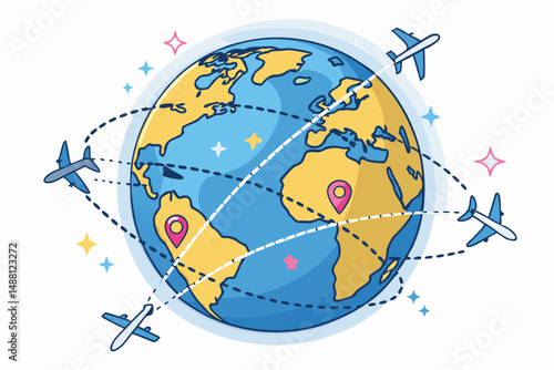 A detailed illustration of a globe encircled by numerous flight paths and airplane icons, showcasing global air travel connectivity.