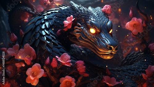 Majestic dragon with glowing eyes adorned by cherry blossoms in a magical setting