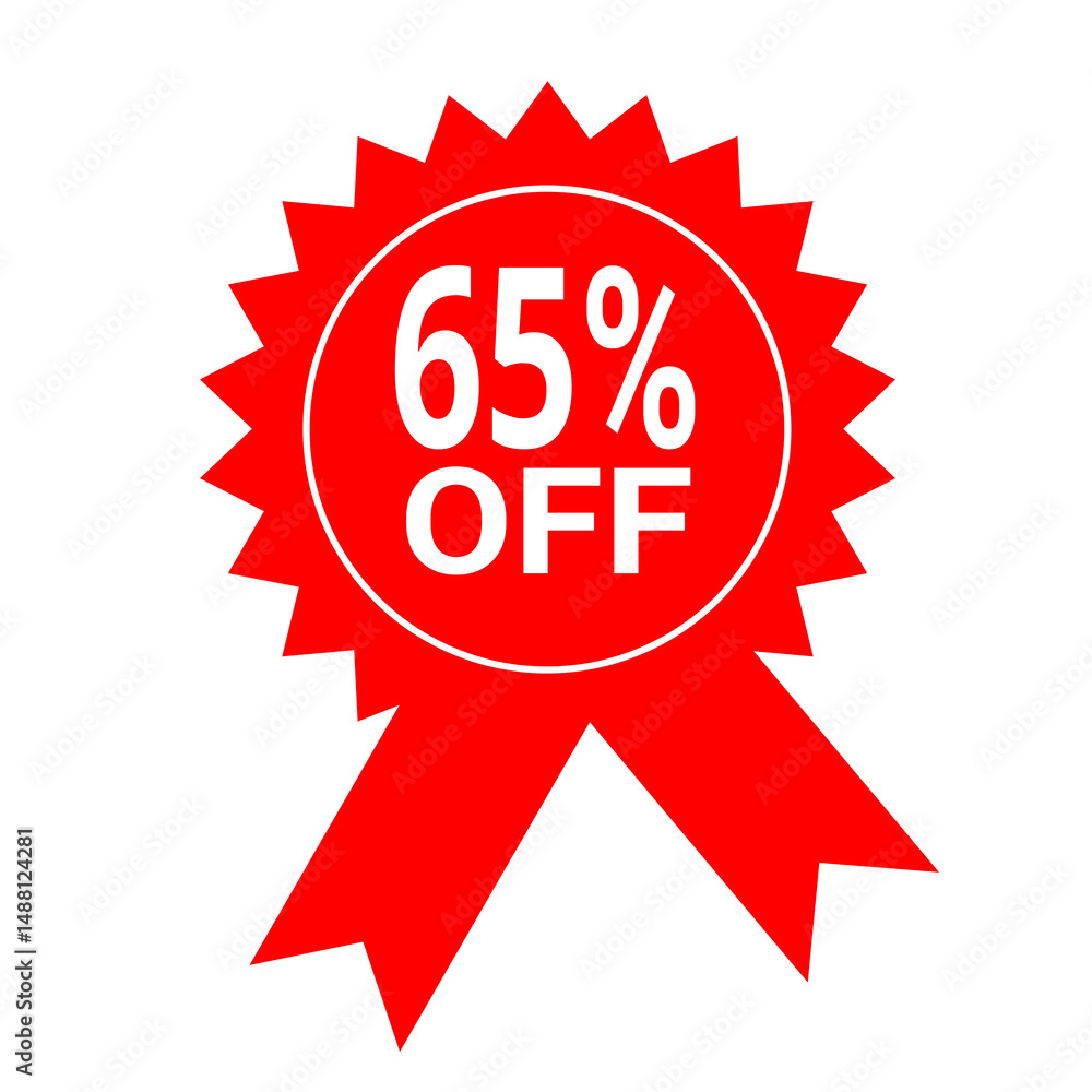 Sixty-Five Percent Off Sale Red Badge Discount Seal, Promotional Graphic for Marketing and Advertising Campaigns Sixty-Five Percent Off Sale Red Badge Discount Seal, Promotional Graphic for Marketing and Advertising Campaigns