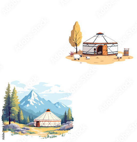 Vsai traditional yurts in idyllic landscapes with grazing sheep