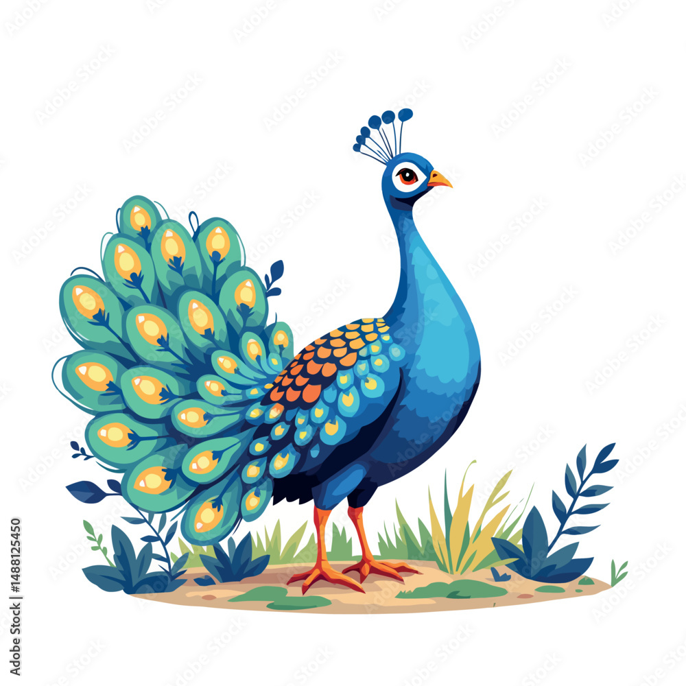 Fototapeta premium Vsai majestic peacock showing its colorful feathers in the jungle