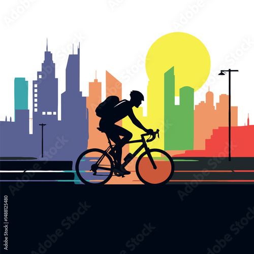 Vsai bicycle messenger riding in city with colorful buildings at sunset