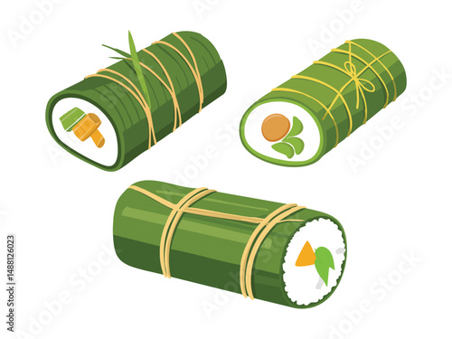 vector illustration of an Indonesian food Lemper (Sticky Rice Roll Filled with Chicken or Beef)