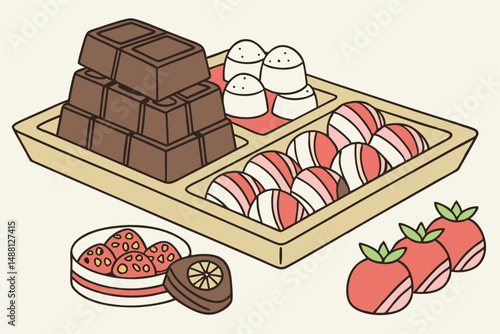 144 candy,sweets,confectionery,dessert,treats,chocolate,caramel,marshmallow,licorice,fruit-flavored,colorful,assortment,wooden tray,arrangement,still life