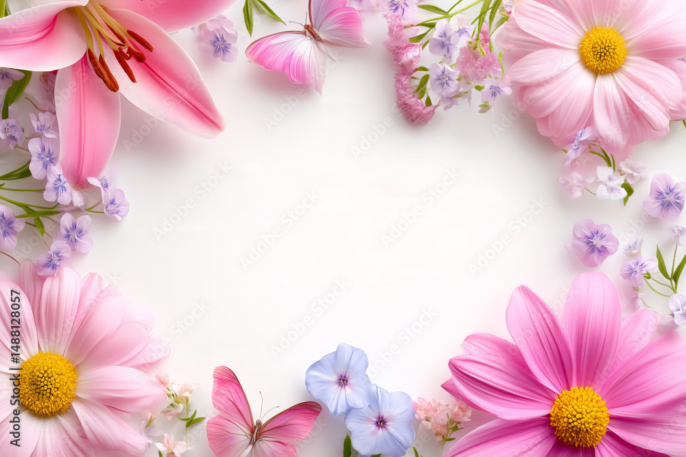Delicate Floral Arrangement With Pink Gerbera Daisies Lilies Butterflies And Various Flowers On A White Background Delicate Floral Arrangement With Pink Gerbera Daisies Lilies Butterflies And Various Flowers On A White Background