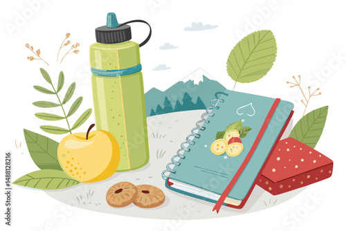 Vibrant illustration of trail mix, energy bar, apple, and water bottle amidst a lush forest scene.  Perfect for hiking or outdoor adventure blogs.