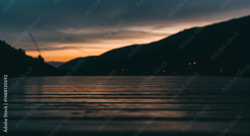 Naklejka premium sunset, mountains, dock, Wooden Dock at Sunset Over Mountains