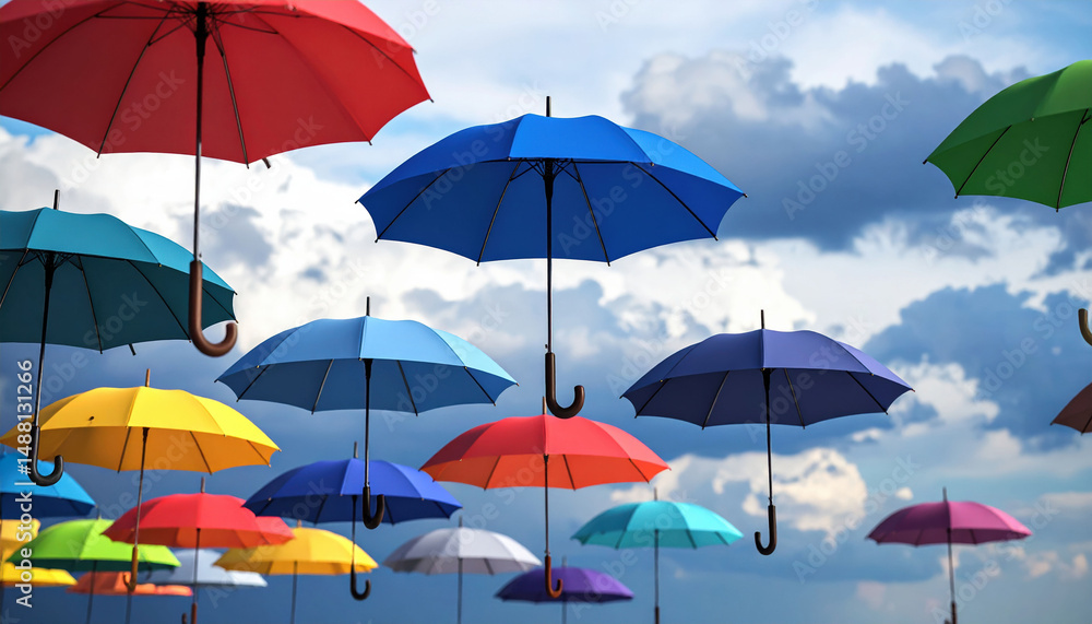 Obraz premium Colorful umbrellas float against dramatic cloudy sky, creating whimsical and vibrant scene