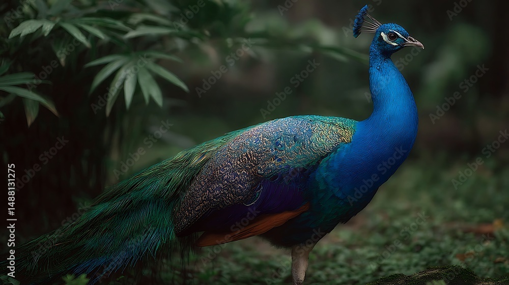 Obraz premium Peacock displays vibrant plumage in a lush setting