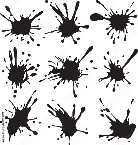 Black Ink Splatter Vector Set: Abstract Paint Splashes, Drops, and Blots for Artistic Design Elements and Grunge Texture Overlays