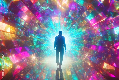 Spiritual traveler entering multiverse with chakras aligning across dimensional gates and cosmic harmony featuring cosmic consciousness