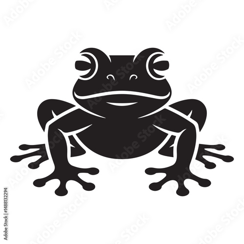 Striking black illustration of a stylized, powerful looking frog design. Vector black silhouette. with white background