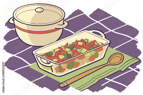 145 watercolor,kitchen still life,glass casserole dish,ceramic bowl,wooden utensils,purple and green color palette,detailed textured brushstrokes,realistic,high detail
