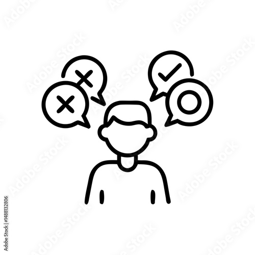 Teen boy eliminating negative thoughts with icons on white background