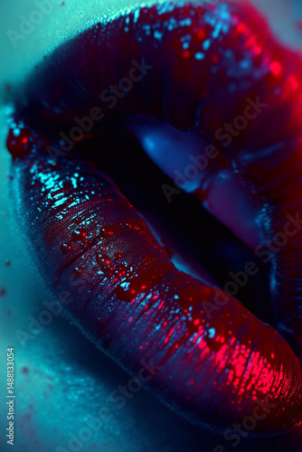 Lips with red glitter lipstick in blue light
