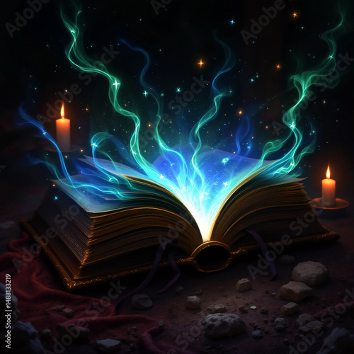 Magical glowing book with candles and light